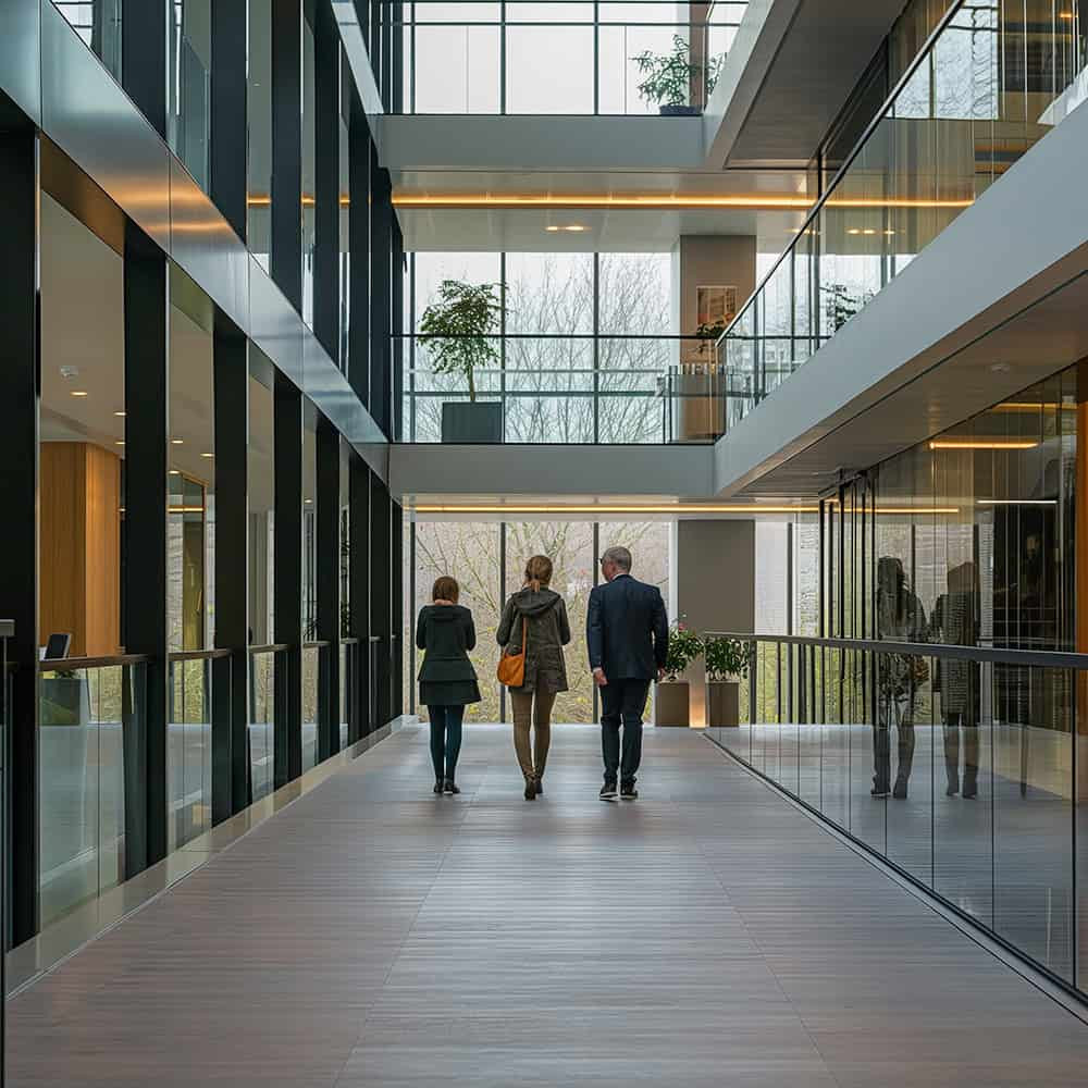 Drie mensen lopen samen door een ruim en modern kantoorgebouw met veel glas en daglicht.