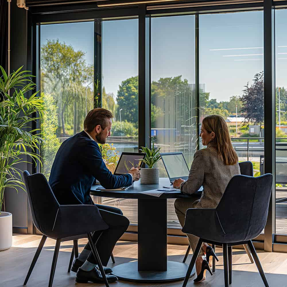 Twee mensen zitten tegenover elkaar aan een ronde tafel met laptops, omgeven door planten en uitzicht naar buiten.