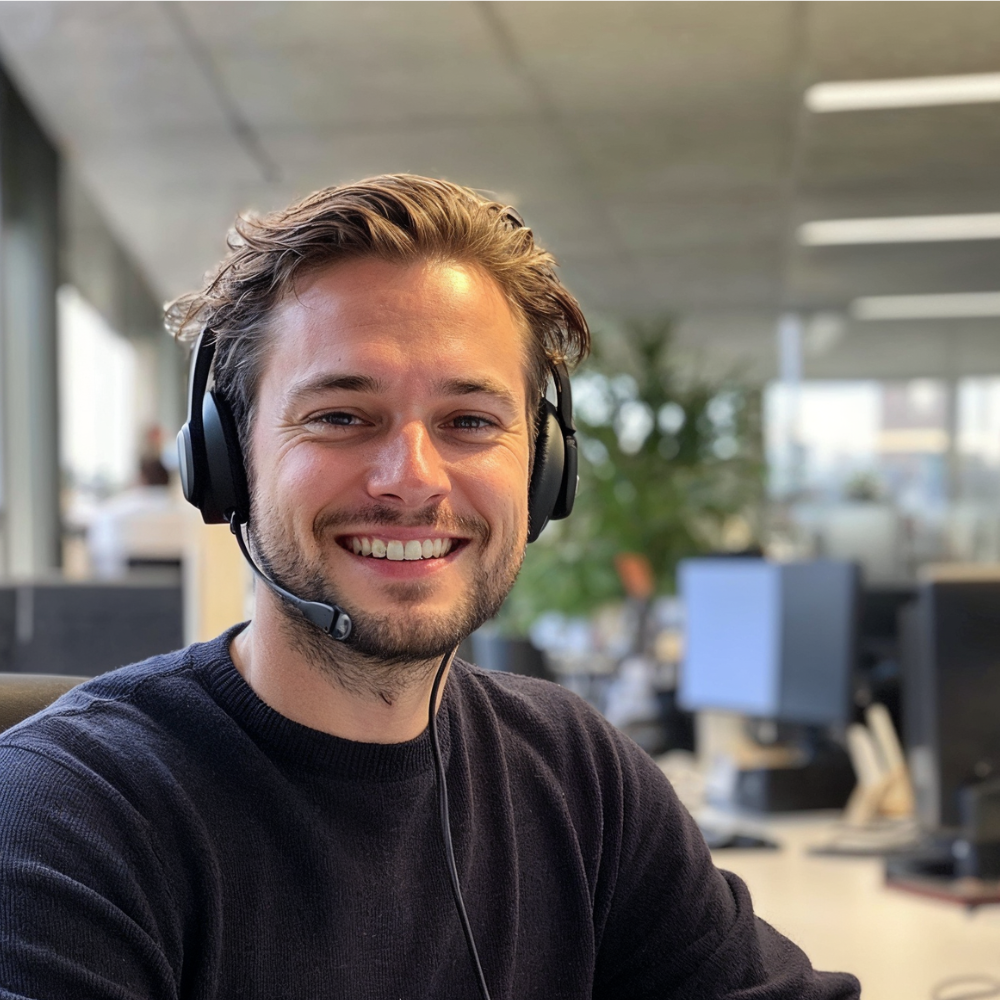 Klantvriendelijke jongeman met headset glimlacht in een moderne kantoorruimte met open werkplekken.