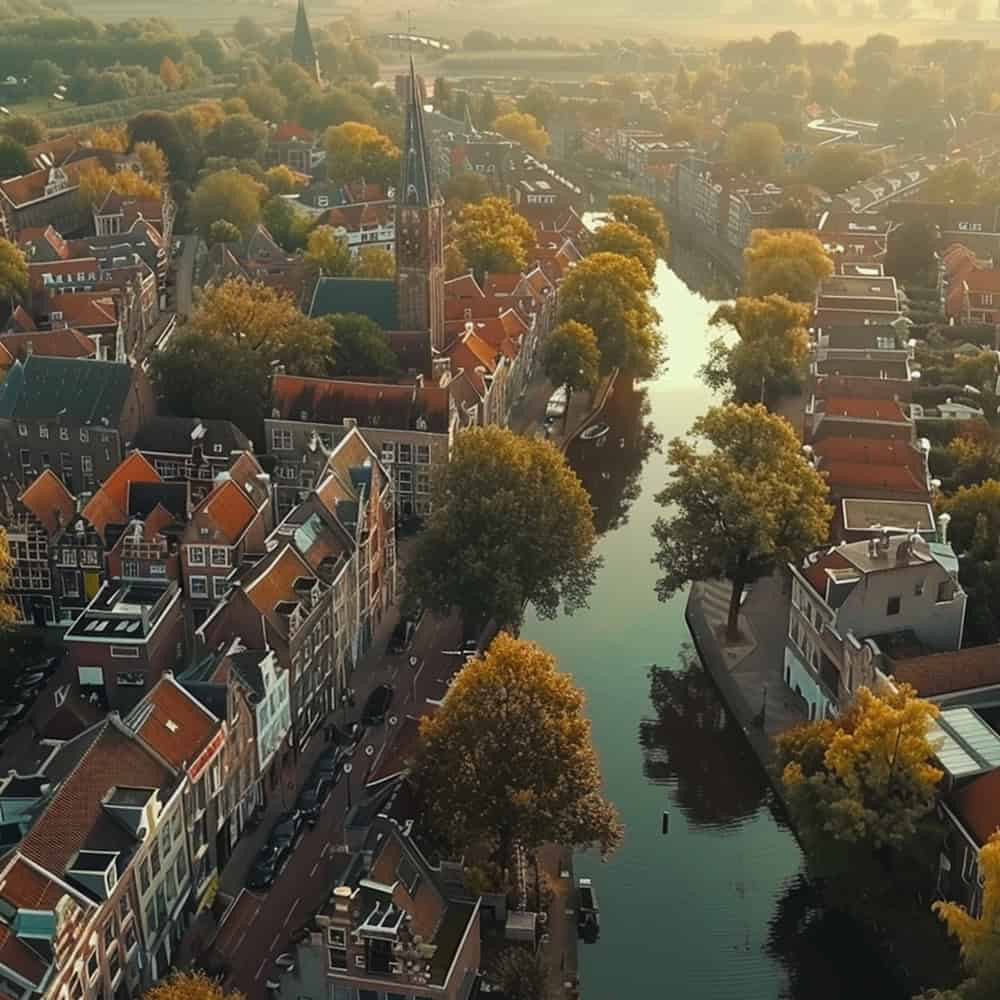 Luchtfoto van een oud-Hollands stadje met grachten, rode daken en een kerk in het midden. De herfstkleuren zorgen voor een warme sfeer.