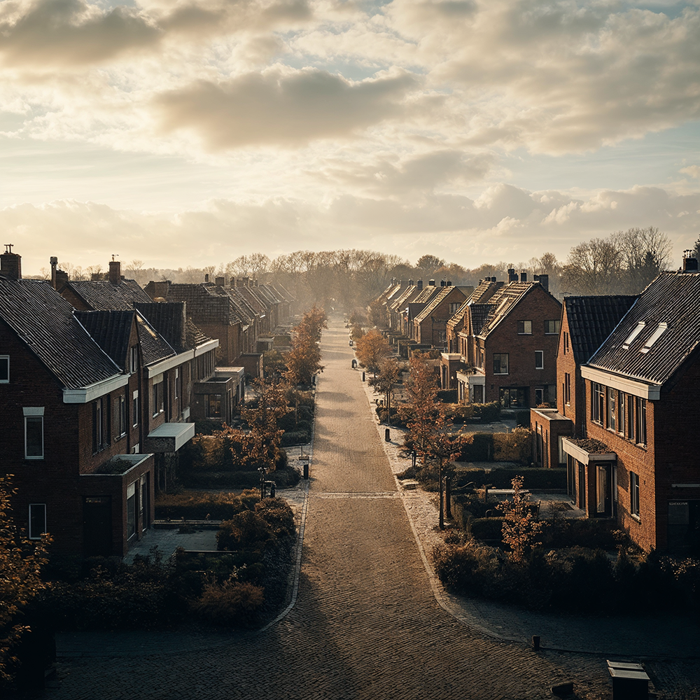 Luchtfoto van een nieuwbouwwijk met identieke huizenrijen en herfstkleurige bomen langs een klinkerstraat. De ochtendnevel hangt nog licht boven de huizen.