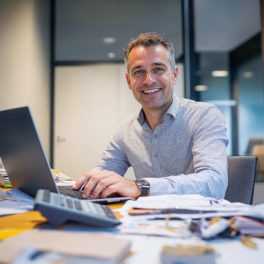 Man met kort grijs haar gekleed in een grijs overhemd zit op zijn laptop met een glimlach