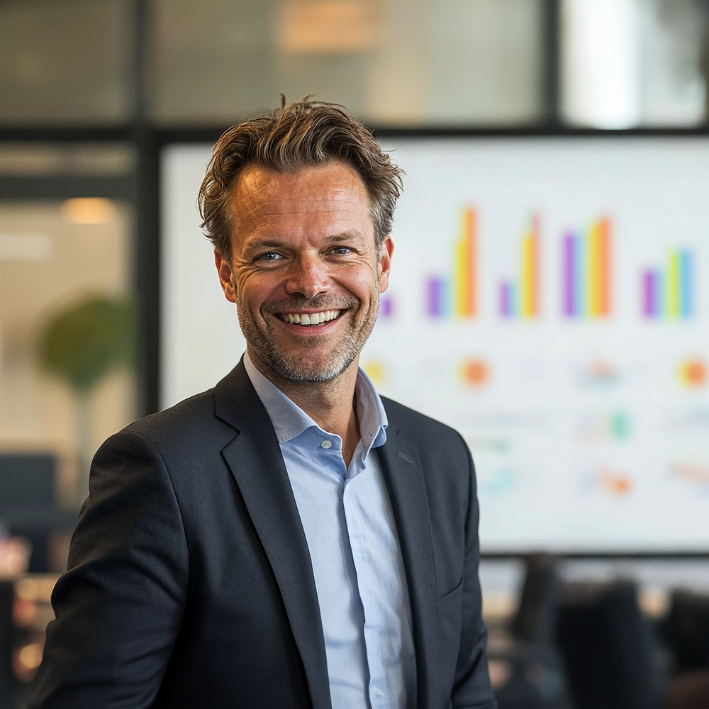 Man in pak met grijs haar glimlacht tijdens een meeting, waarbij er op het scherm staafdiagrammen zichtbaar zijn.