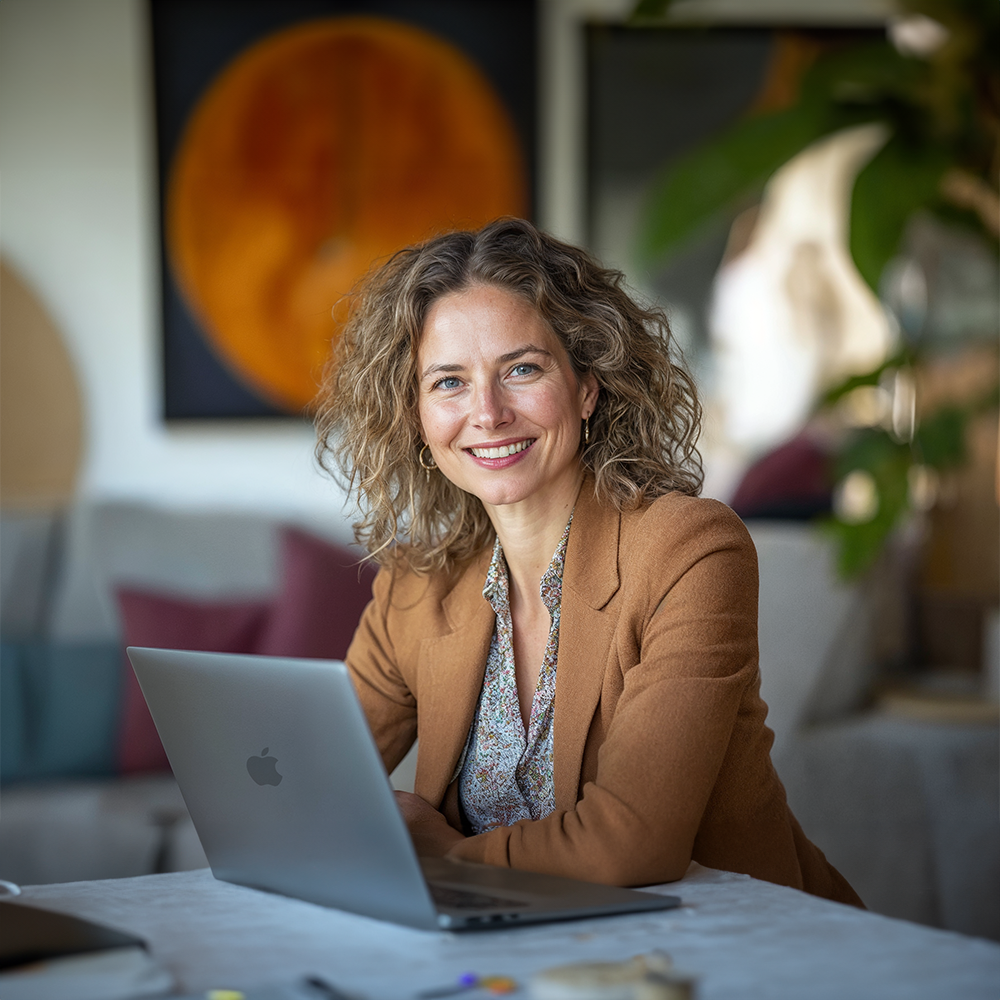Vrouw met krullend haar, gekleed in een lichtbruine blazer, heeft haar macbook open.